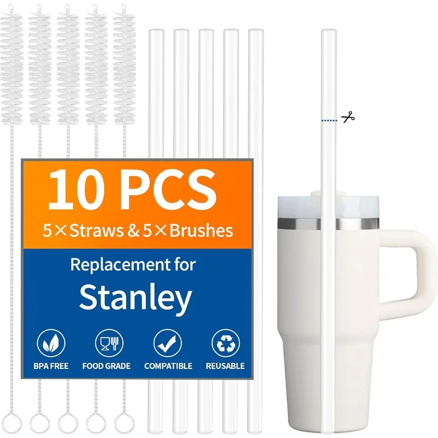 

10 Pack Replacement Straw for Stanley Queher 14 20oz 5 Pack Reusable Clear Plastic Straws with 5 Pack Cleaning Brushes Food Gra