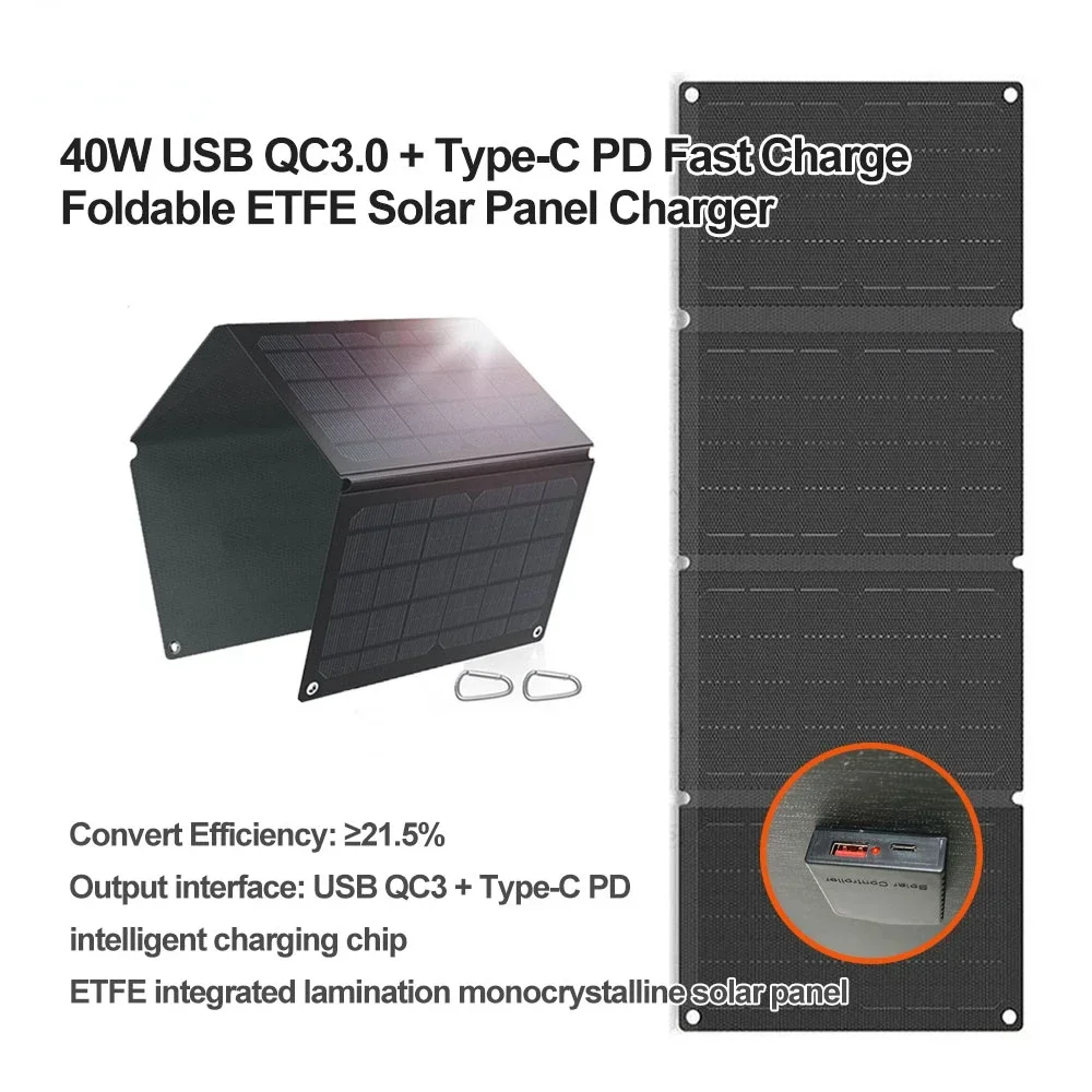 

40W Folded ETFE Solar Panel for Phone,Pad Portable Solar Power Bank Type-C PD 15w USB QC3 Quick Charge Outdoor Solar Generation