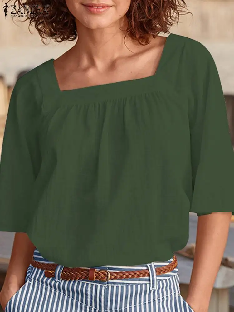 Elegant Women Square Neck Half Sleeve Blouse 2023 ZANZEA Causal Solid Tunic Tops Fashion Summer Holiday Party Work Shirt  Blusas