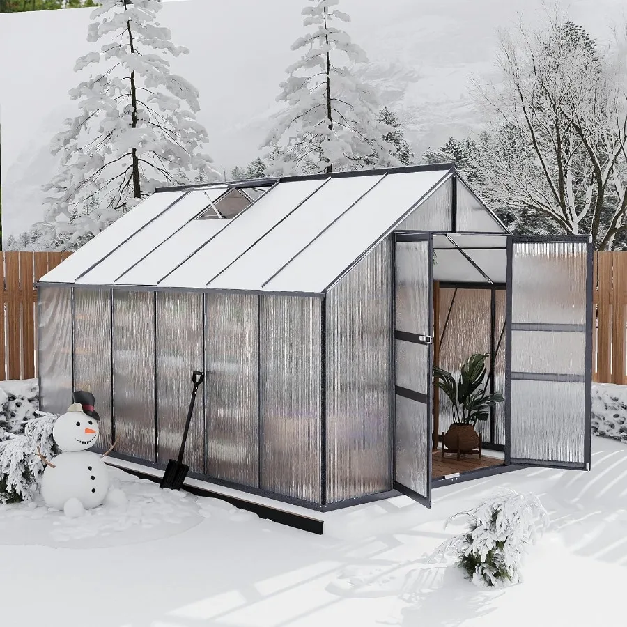 

8×12FT Polycarbonate Greenhouse for Outdoors Large Walk in Green House Kit and Winter Garden Planting Enhanced Aluminum Green H