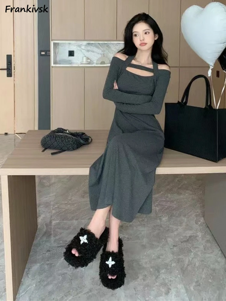 

Solid Dresses Women Halter American Style High Street Hotsweet Off Shoulder Slim Stretchy All-match Minimalist Daily Prevalent