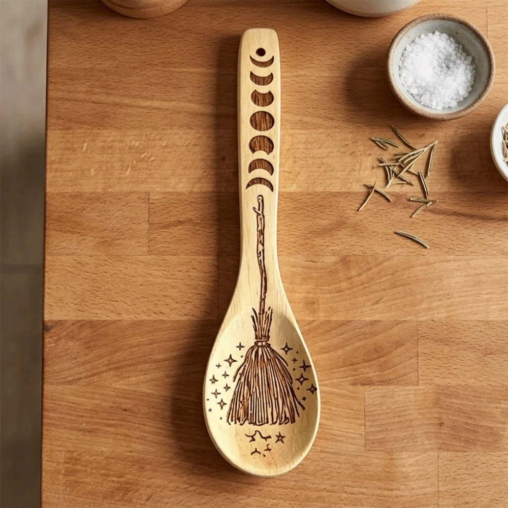 Wooden Halloween Witch Stirring Spoon Broom Witch Cauldron Design Laser Engraved Halloween Witchy Decorative Spoon Large Size