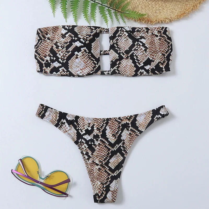 

2 Pcs Hollow Fashion Swimwear Set Push Up Snake Print Beachwear Individual Women Swimsuit Summer Female Bathing Suit for Beach