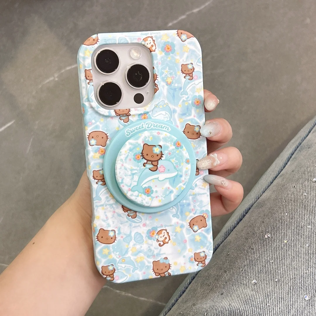

Hello Kitty Bear Beach surfing Magnetic Holder Magsafe Wireless Charge Phone Case For iPhone 15 14 16 Pro Max 16 Pro Hard Cover