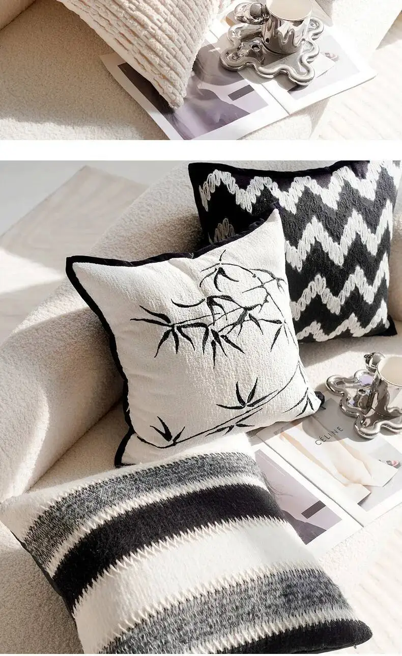 Schwarz-weiße luxuriöse Vintage-Kissenbezüge mit Stickerei, moderne Chenille-Kissenbezüge aus weichem Kunstfell, dekorative Kissenhüllen für Sofa- und Bettdekoration – Detail 8