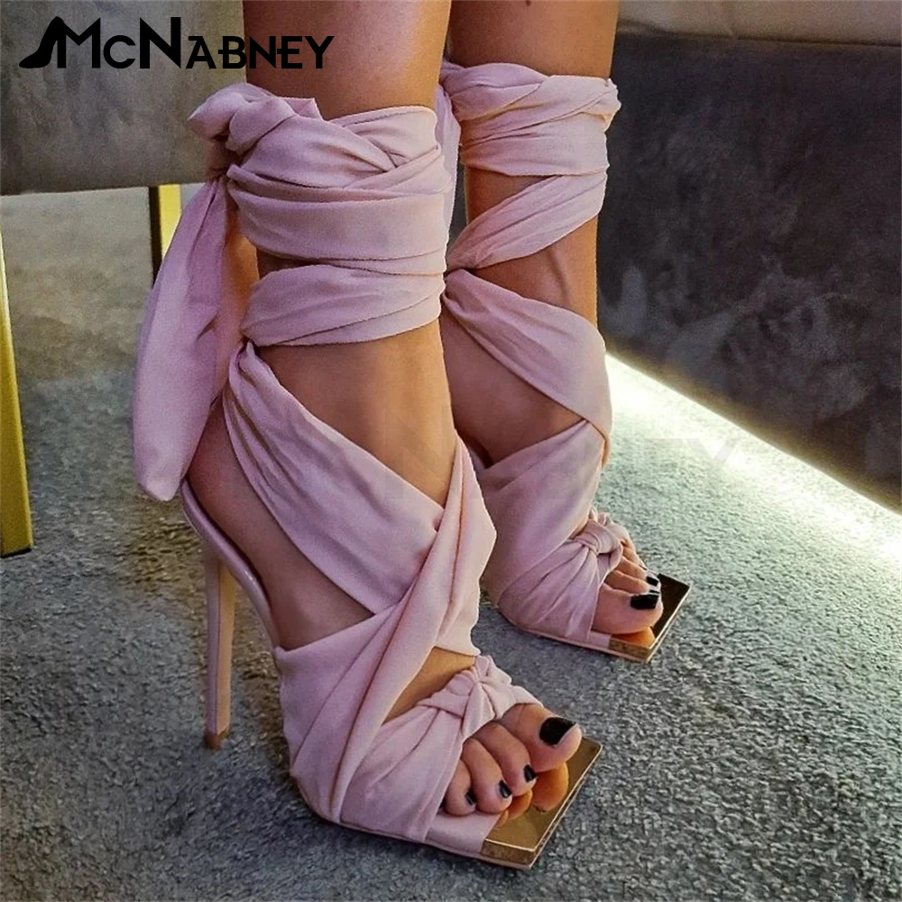 Ribbon Ankle Strap Sandals Metal Toe Square Toe High Heels Stiletto Sexy Summer Shoes Fashion Style High Heels for Women New In