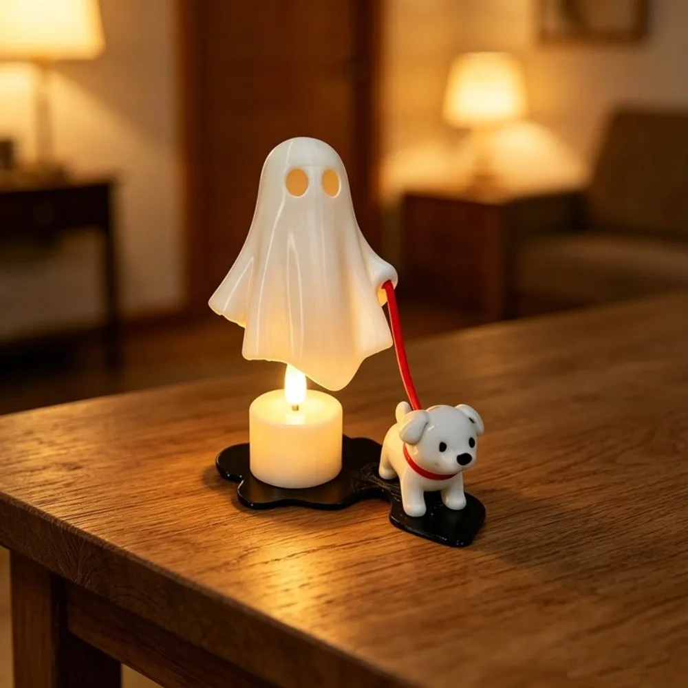 3D Printed Dog-Walking Ghost Decor Funny Ornaments Ghost LED Night Light Creative Cute Ghost Figurine Desktop Decoration