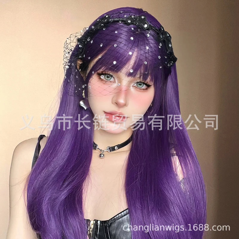 

Festival Dark Night Purple Hot-Selling Color with Bangs Long Curly Hair Wig for Women Factory Cosplay Synthetic Fiber