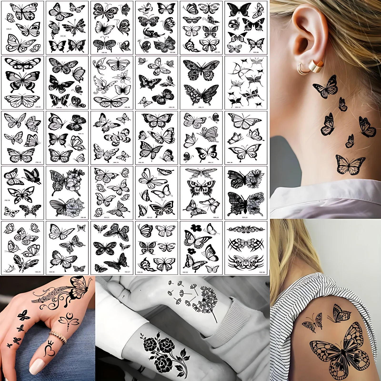 30 teile/satz Realistische Frauen Temporäre Tattoo Aufkleber für Bein Schlüsselbein Hals Gesicht Schwarz Schmetterling Einweg Fake Tattoo Party Decor