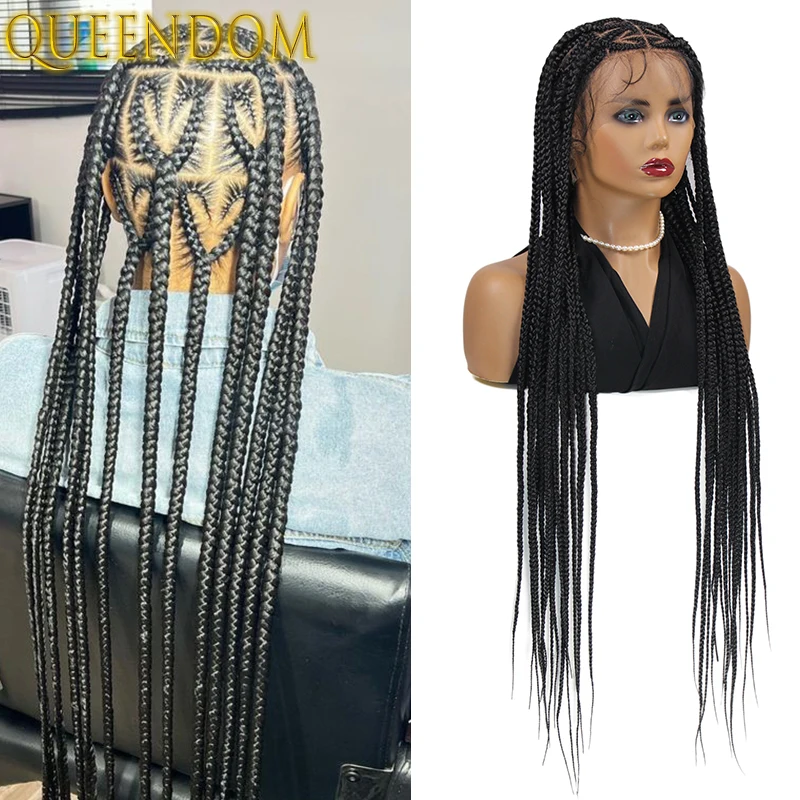 Queendom 36'' Large Heart Braided Wig Knotless Box Braid Lace Frontal Wig With Baby Hair Full Lace Synthetic Cornrow Braids Wig