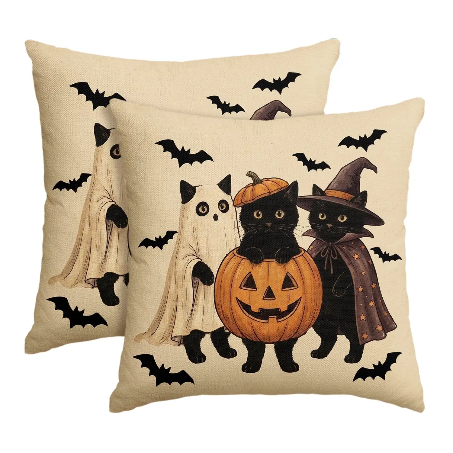 Ghost Pumpkin Bat Cats Halloween Pillow Covers 18x18 Inch Set of 2, Cushion Covers for Sofa Home Decor