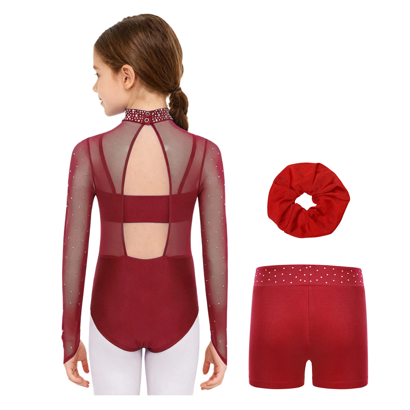 Bambini Ragazze Ballerina Pattinaggio su ghiaccio Abiti per spettacoli di danza Strass lucidi Corpetto in rete trasparente Body + Pantaloncini a canotta + Fascia per capelli