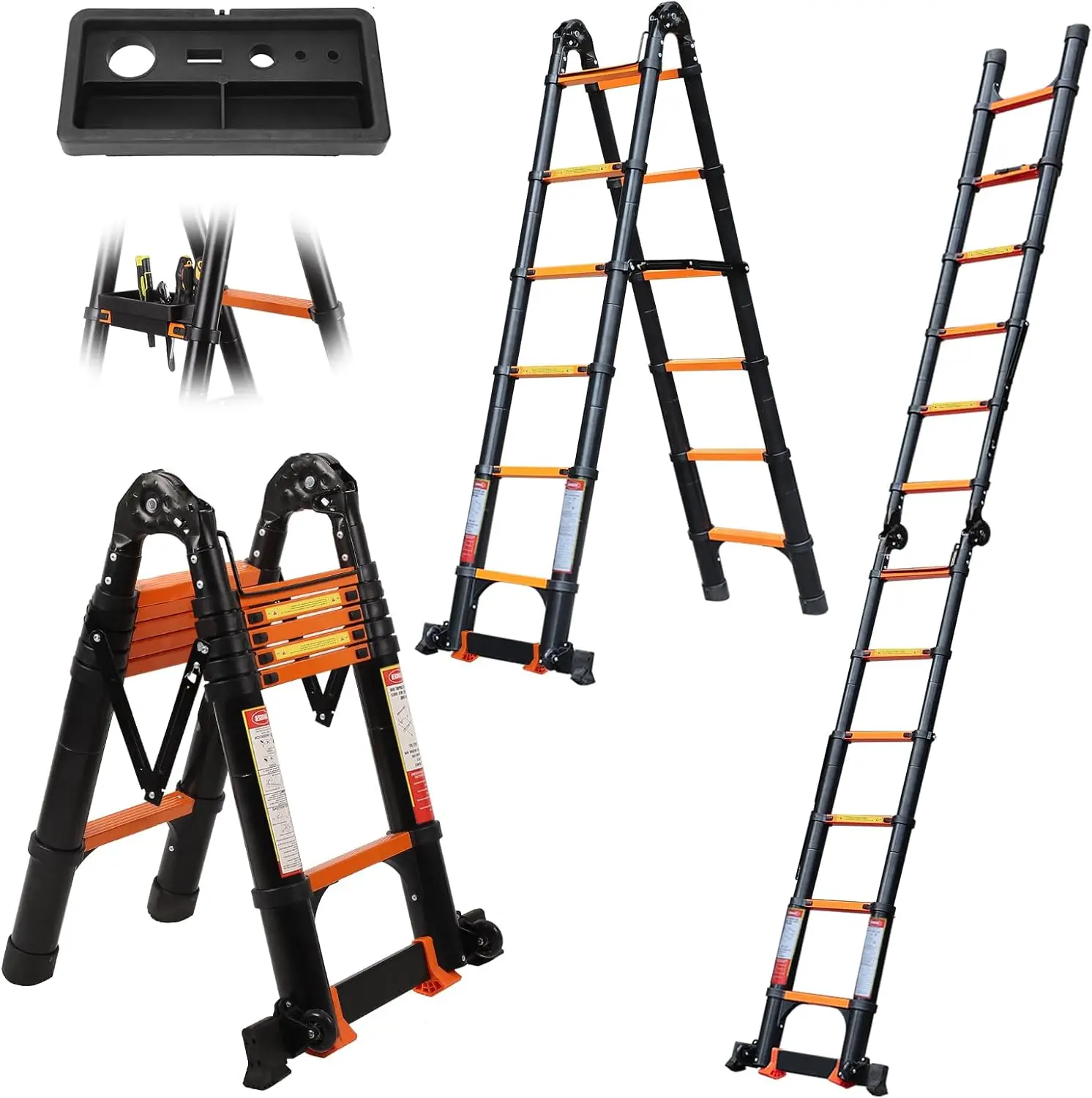 12.5FT Telescoping A Frame Ladder with Tool Platform and Stabilizer Bar, Upgrade  Aluminum Telescopic Ladders with Wheels