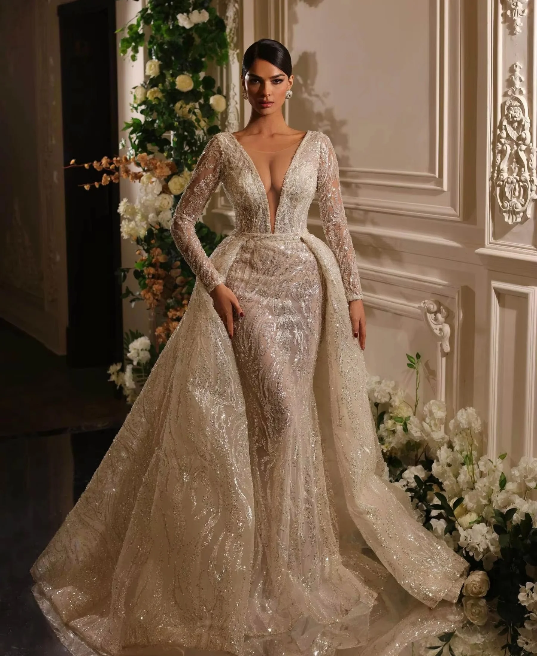 Customized Exquisite Lace Wedding Dress High Neck Long Sleeve Sweep Train Ball Gown Bride Robe De Mariee Customized Vestidos