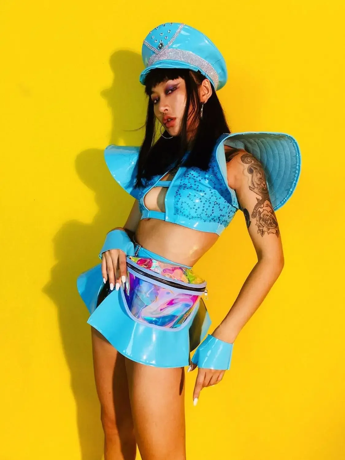 (Hat+Tops+Shorts+Girdle+Gloves) Blue Crystals Bikini Women Set Sexy DJ Singer Stage Outfits Leading Dancer Jazz Dance Costume