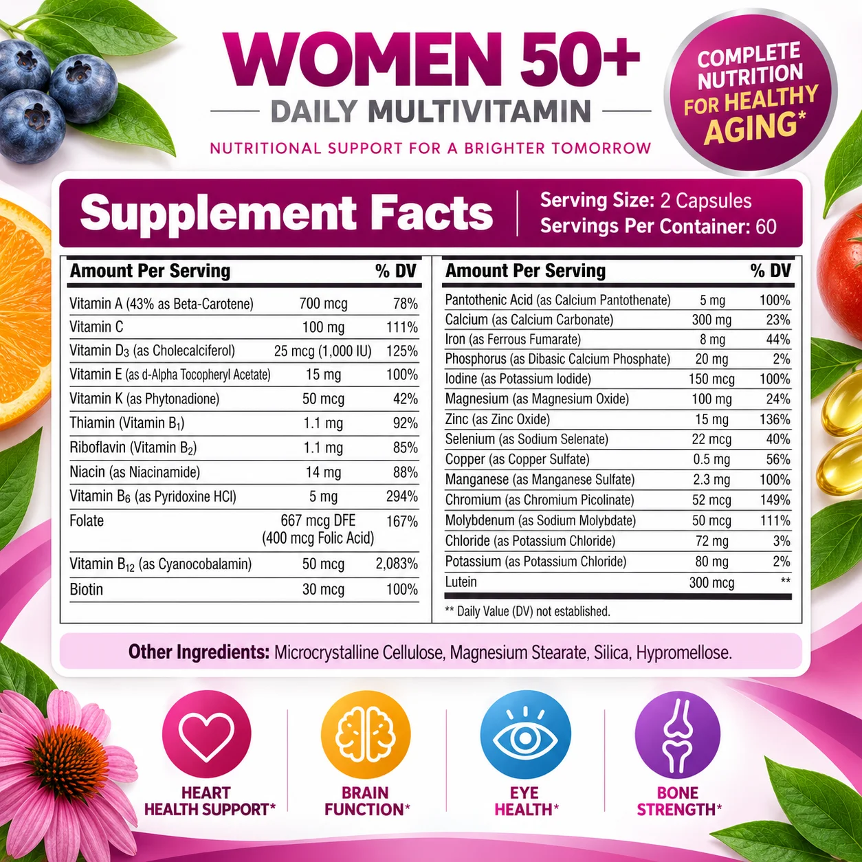 Women's 50 Plus Multivitamin Capsules - Supports Bone Strength, Healthy Vision, Energy & Immune Function with Calcium and Zinc