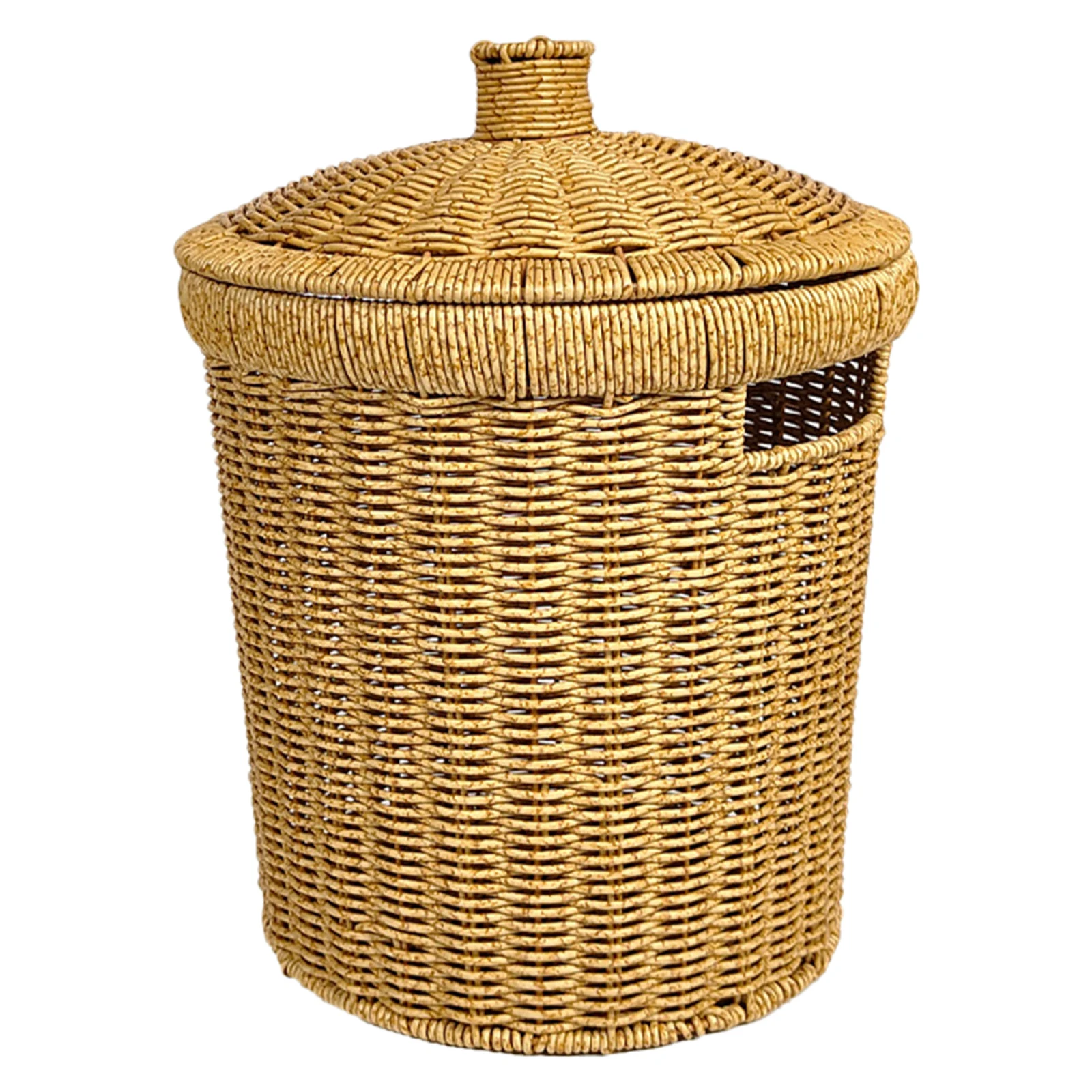 

Woven Trash Can with Lid Imitation Rattan Style Handwoven PP Iron Frame Waste Bin for Bathroom Kitchen Office Bedroom Living