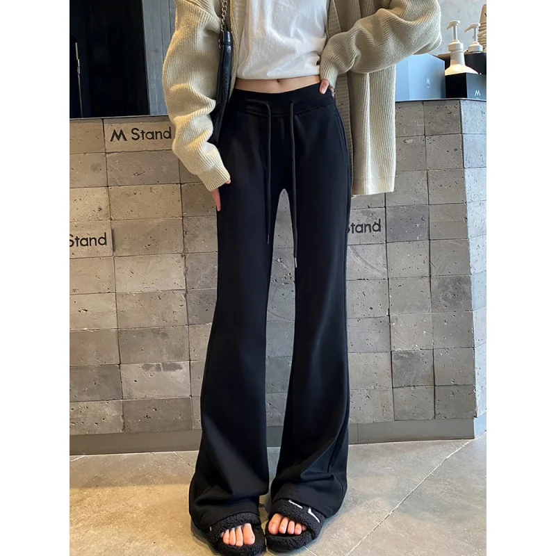 กางเกงขากระบอกทรงบานเอวสูงสีเทาไซส์ใหญ่ สไตล์อเมริกันลำลอง รุ่นใหม่ต้นฤดูใบไม้ผลิ มีเชือกผูก