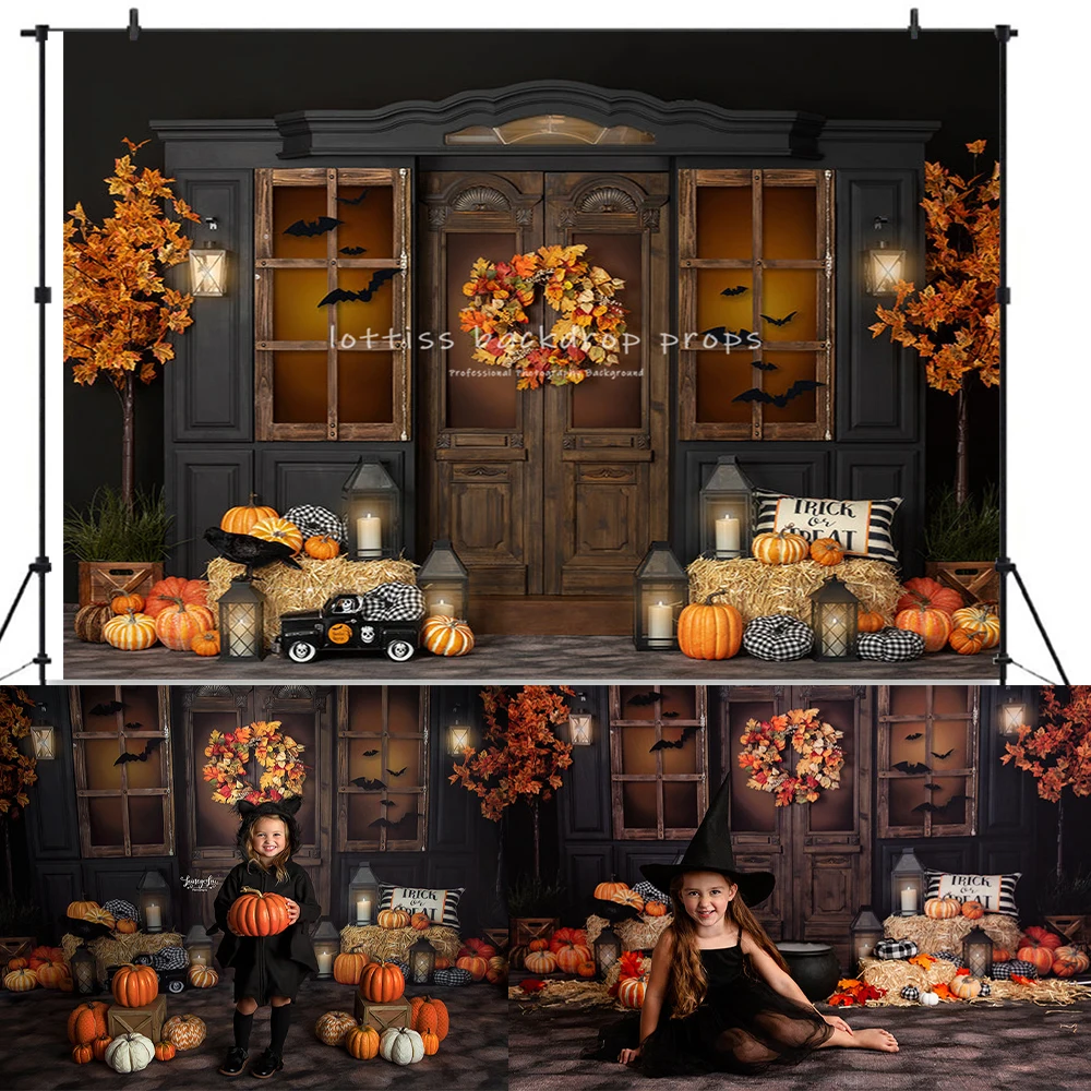 Backdrops para Halloween Porch Fotografia, Birthday Cake Smash, Pumpkin Lantern, Witch Bat, Festival Fundo para Crianças e Adultos, Outono