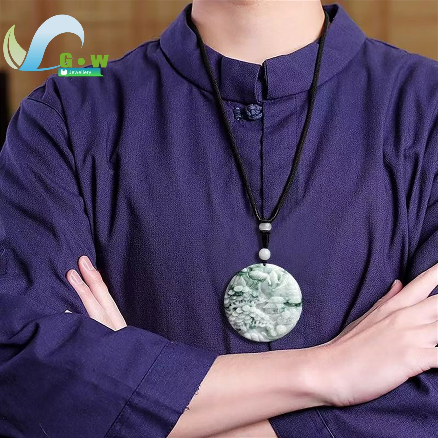 Natural A Grade Jadeite Drifting Floral Vintage Landscape Plaque Pendant Icy Texture Hanging Ornament Unisex Jewelry Gift