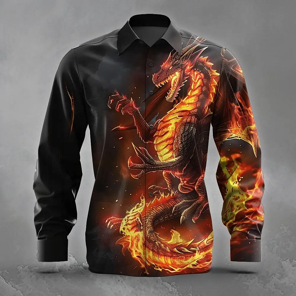 

Vintage Cool Print Men's Shirts 3D Dragon Graphic Long Sleeve Lapel Button Tops Fashion Daily Casual Personality Stylish Clothes