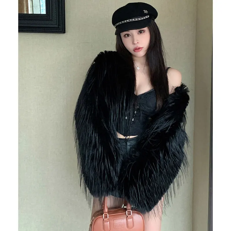 Sexy Faux Fox Fur Short Coat Women Korea Fashion Feather Tassel Cardigan Coats Outercoat Lady Party Elegant Solid Club Outfits