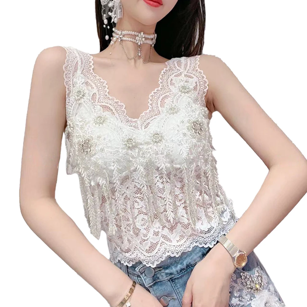 Women\'s 2022 Summer New Korean Style Fashion Sweet Sling Knitted Vest Ladies Fairy Rhinestone Eyelash Lace V-neck Beauty Back