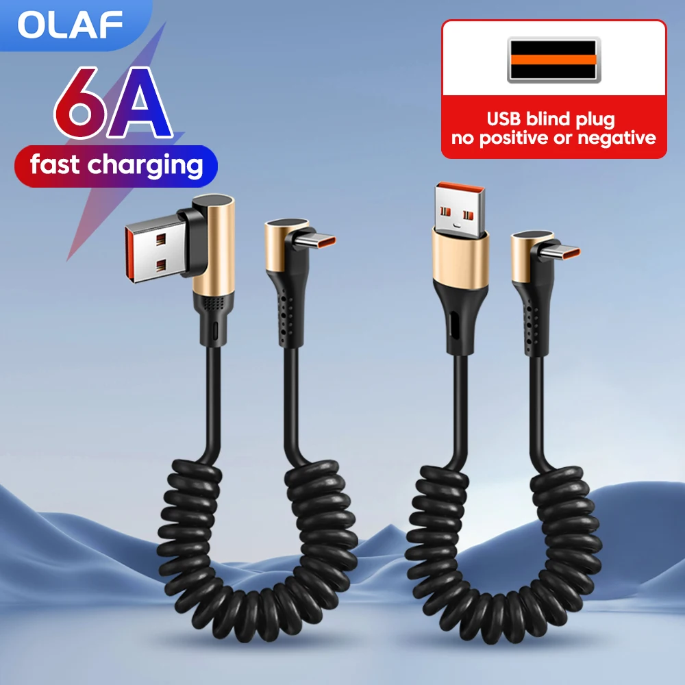 

6A Retractable Spring Cable USB A To Type C Cable Fast Charging For iPhone 16 15 Huawei USB C Data Cable For Sumsung OPPO Phone