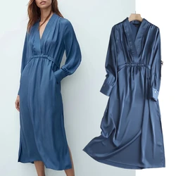 Jenny&Dave Autumn Loose Elegant Midi Dress Women England 2023 Style Fashion Simple Satin V-neck Party Long Dresses Vestidos