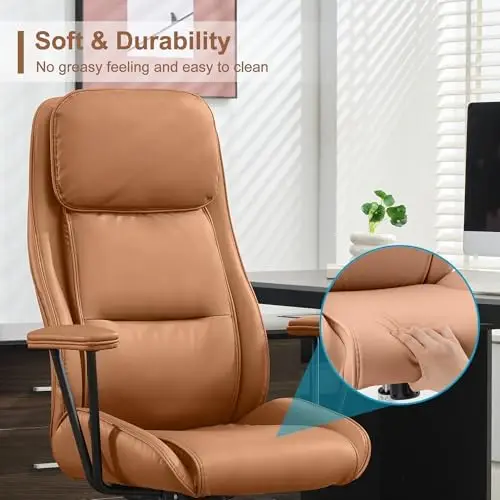 High Back Office Chair, Ergonomic Reclining Swivel Chair, Brown Leather with Lumbar Support