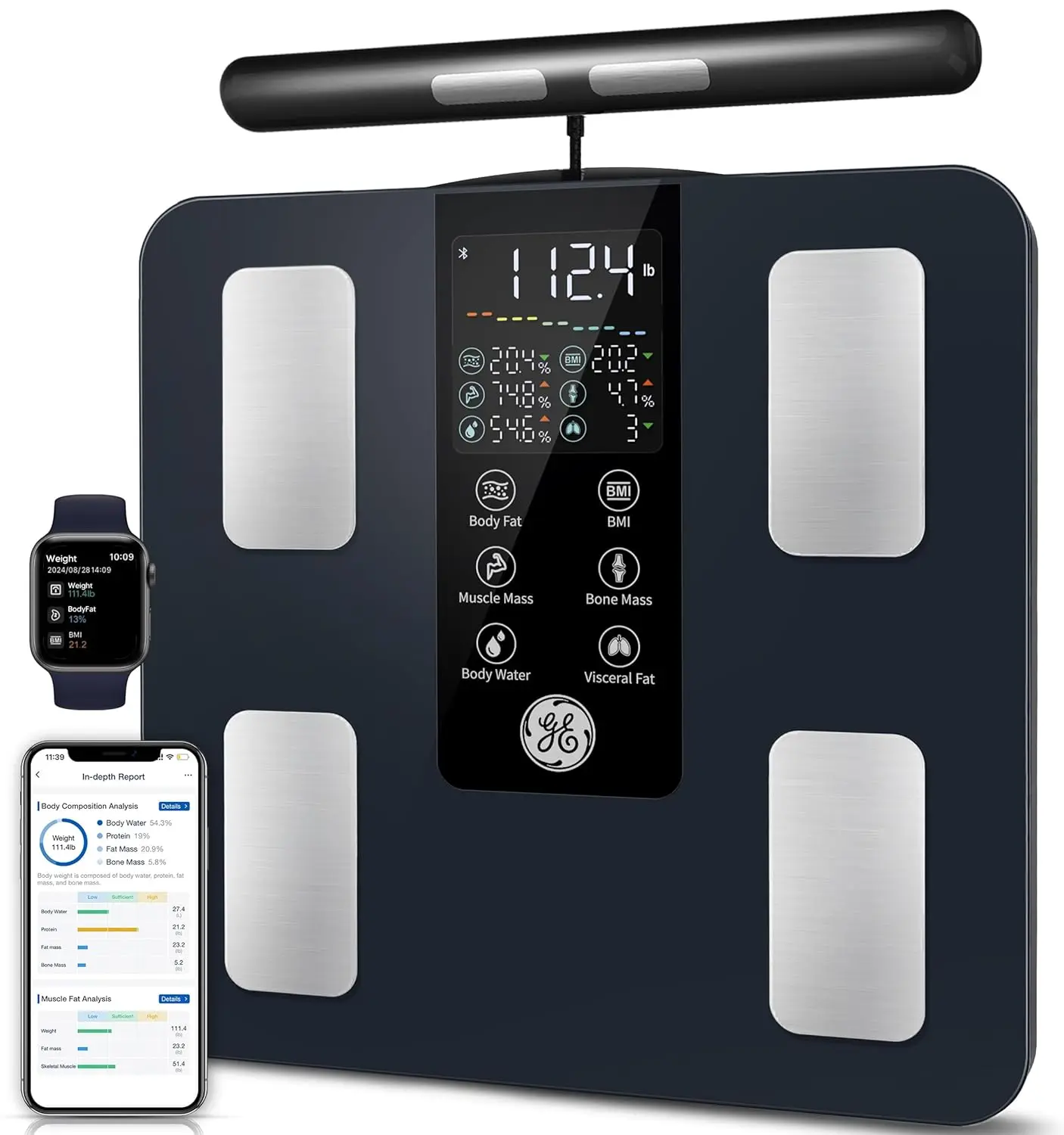 

8-Electrode Smart Scale: Full Body Composition Analyzer with 27 Metrics, Bluetooth Sync, 400lb Capacity