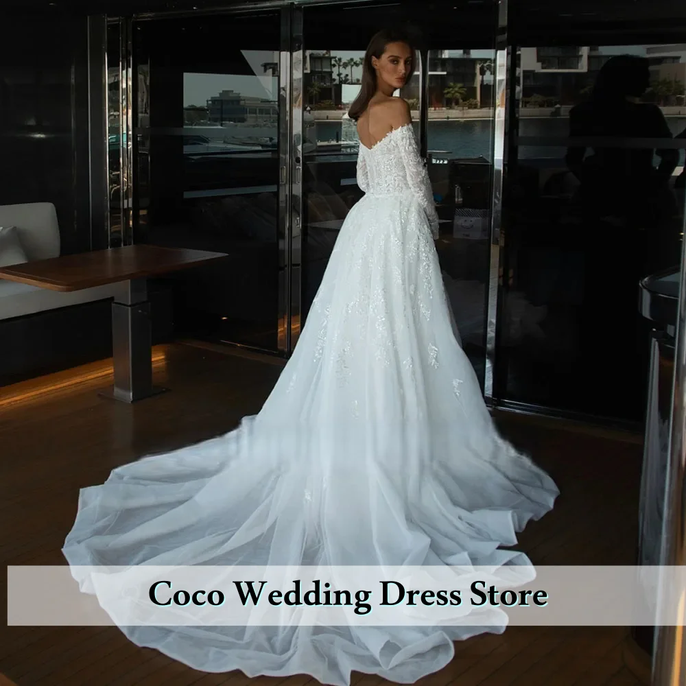Customized Detachable Train Off Shoulder Long Sleeve Sweetheart Neck  Pearls Sequins Lace 2 Pieces Mermaid Wedding Dresses