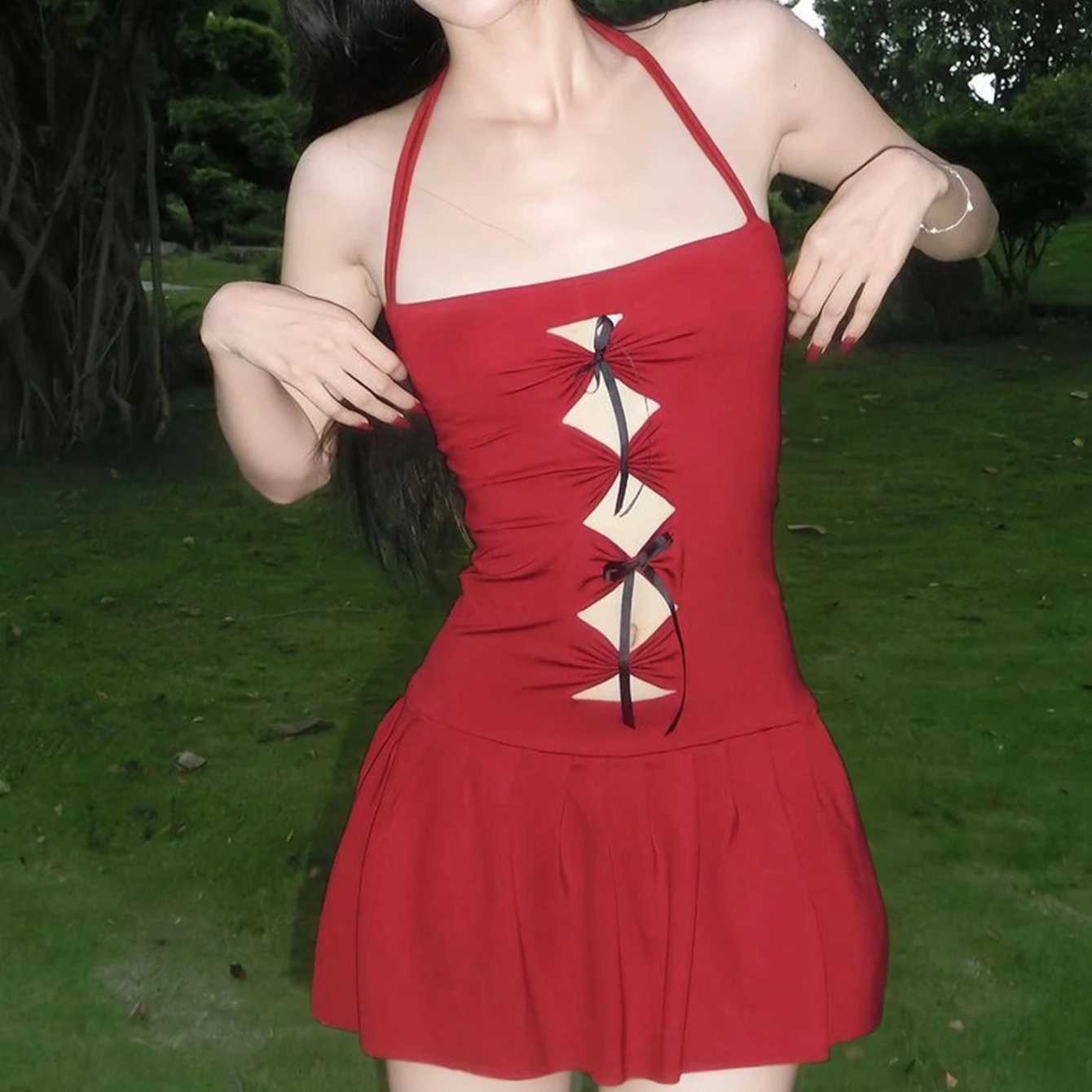 Zeyla Vestido de mujer estilo occidental de color sólido con cuello halter y un solo hombro, minivestido adelgazante de cintura alta con lazo recortado, túnica diaria para fiesta