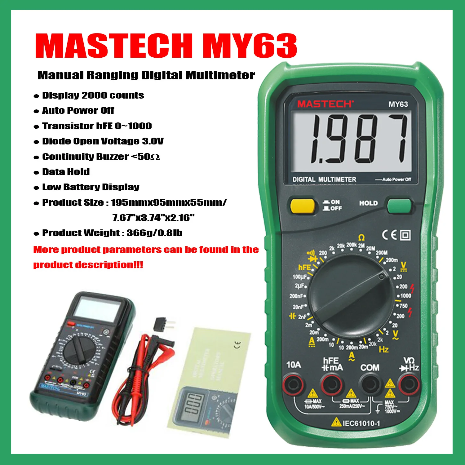 MASTECH MY60 MY61 MY62 MY63 MY64 MY65 MY68 Manual Ranging Digital Multimeter Electric Handheld Tester Meter Voltmeter Data Hold.