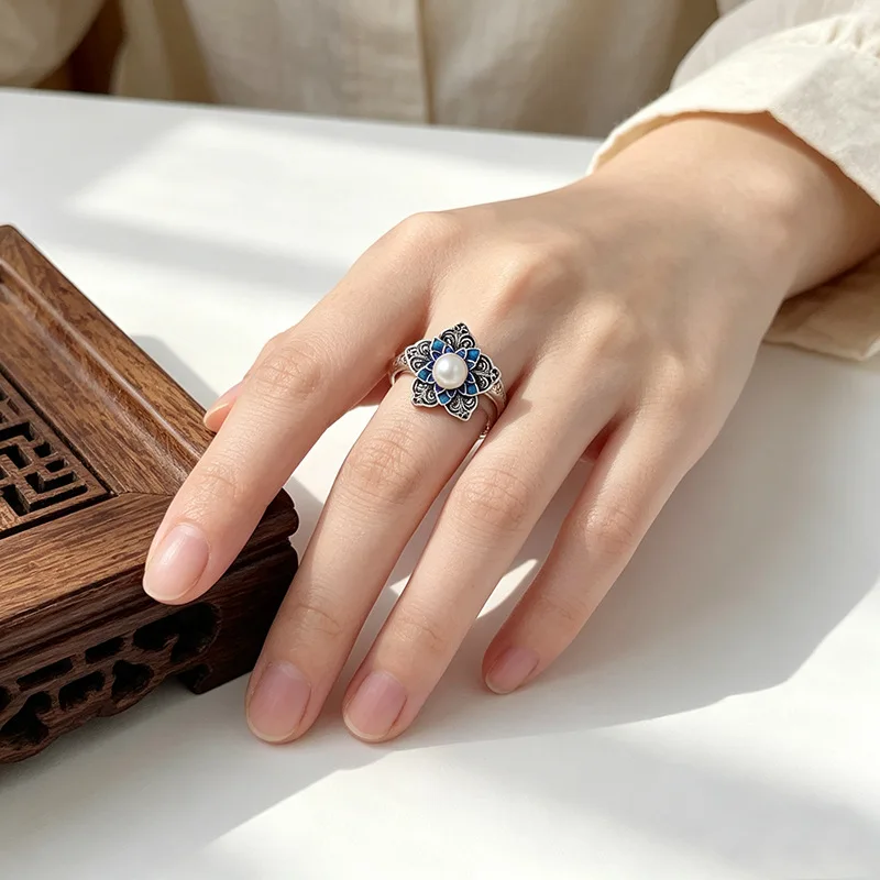 New S925 Sterling Silver Jewelry Vintage Hollow Out Inlaid With Pearls Burnt Blue Lotus Engagement Ring Women's Selected Gift