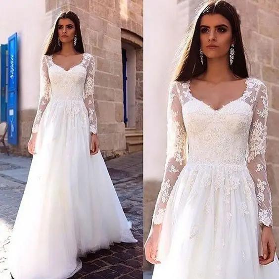 Robe de mariée longue à manches longues, ligne a, col rond, élégante, pleine longueur, 2020