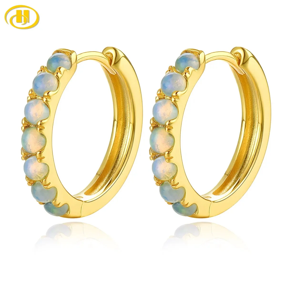 Natural Opal Sterling Silver Yellow Gold Plated Hoop Earrings 0.8 Carats Genuine White Opal Cabochon Original Design for Women