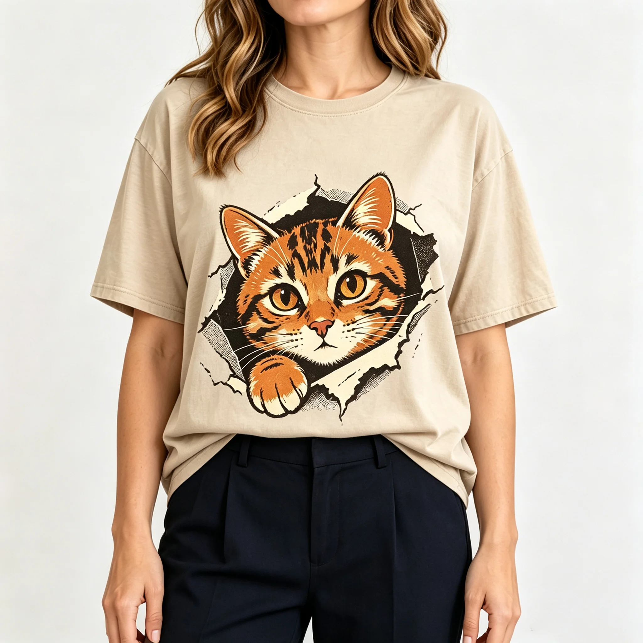 Women's Tabby Cat Tearing Through Paper Retro Pop Art Graphic T Shirt Cute Kitten Short Sleeve Casual Tee