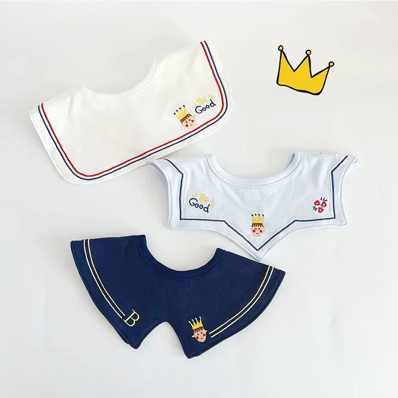 3PCS Korean Cotton Baby Bib Prince Cotton Embroidered Bibs Baby Saliva Towel Boys and Girls Waterproof Flower Fake Collar Bibs