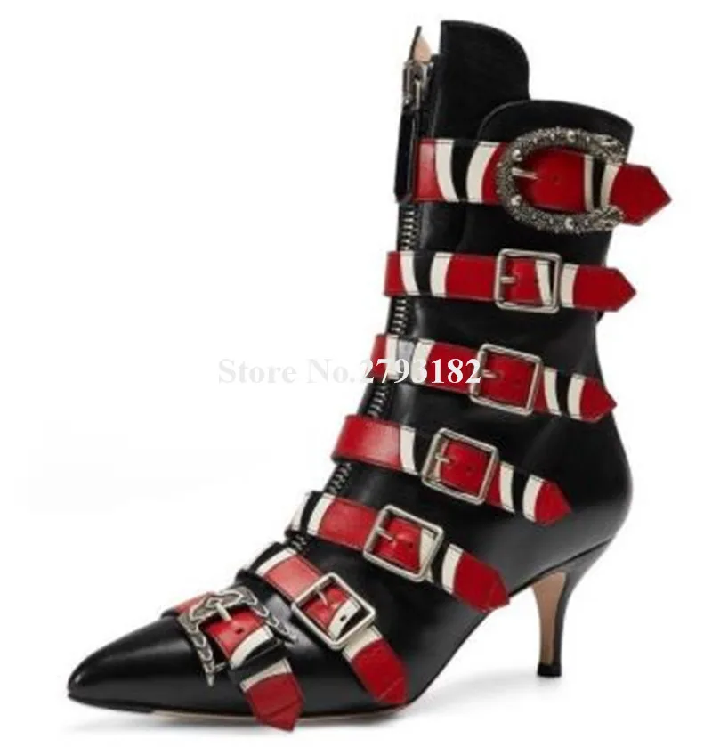 

Patchwork Buckles Short Boots Women Autumn New Fashion Pointed Toe Straps Decorated 7cm Stiletto Heel Ankle Booties Sexy Heels