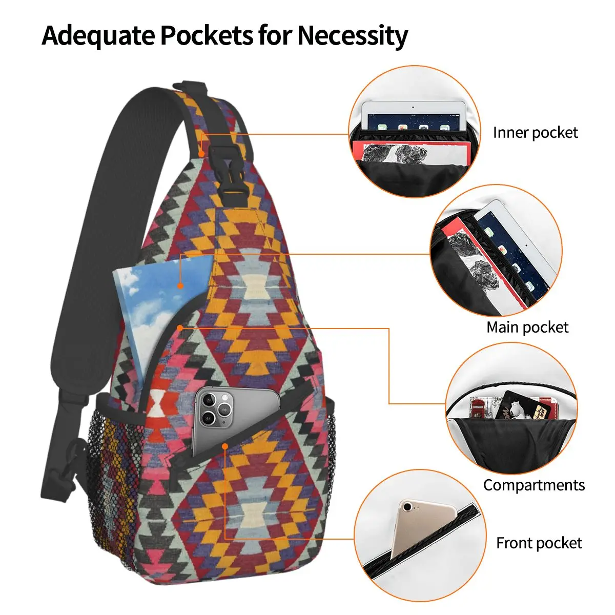 Turkish Kilim Crossbody Sling Bags SmallChest Bag Boho Bohemian Turkish Shoulder Backpack Daypack Hiking Outdoor Cycling Satchel