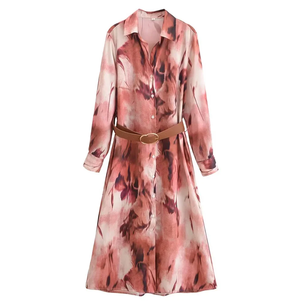 

Pop Women's Belt Silk Texture Printed Midi Skirt Spring New Collection Lapel Long Sleeve Slimming Dress