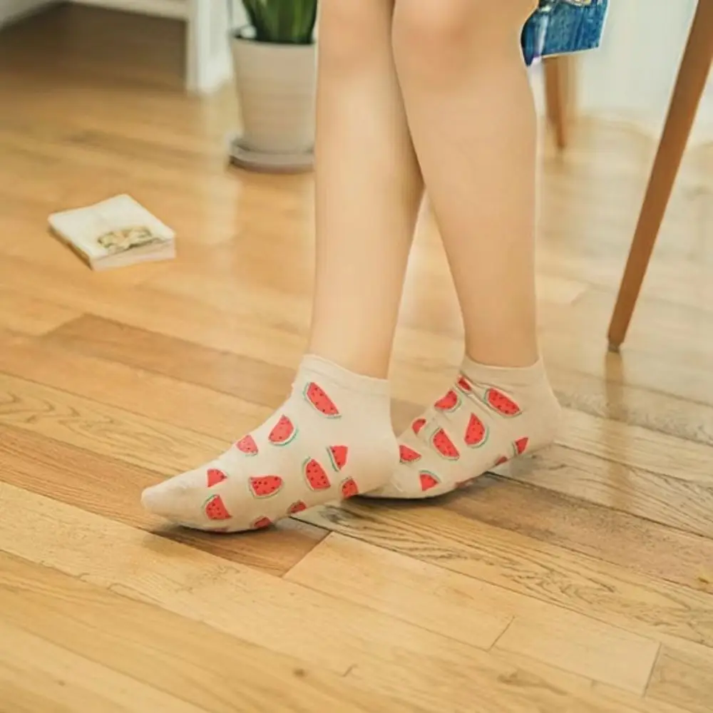 SHXI 5 Pairs Low Tube Cute Women's Socks Cotton Fruit Pattern Spring Summer Casual Thin Boat Socks Breathable Funny Socks