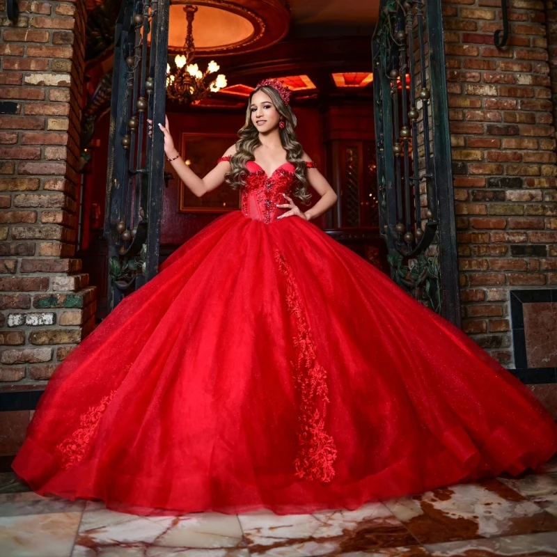 

Luxury Red Sparkly Quinceanera Dresses Appliques Lace Beaded Tull Ball Gown Sweet 16 Dress Party Wear Vestidos De 15 Años