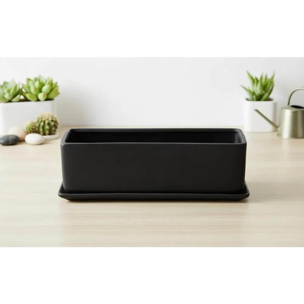 

14 Inch Ceramic Rectangular Succulent Planter with Drainage Hole & Tray, Modern Matte Black Indoor Plant Pot for Windowsill