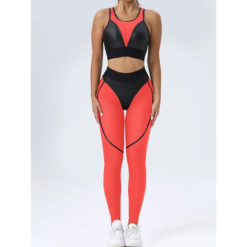 

Krisnanas 5colors Yoga Suits Women Pu Patchwork Mesh Tanks Tops+skinny Hip Lifting Pants Breathable 2 Piece Pants Sets 155116