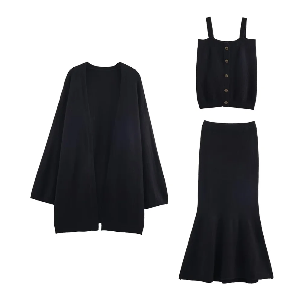 Otoño nueva ropa de mujer estilo europeo y americano moda simple chaqueta de punto chaleco falda de cola de pez conjunto de tres piezas
