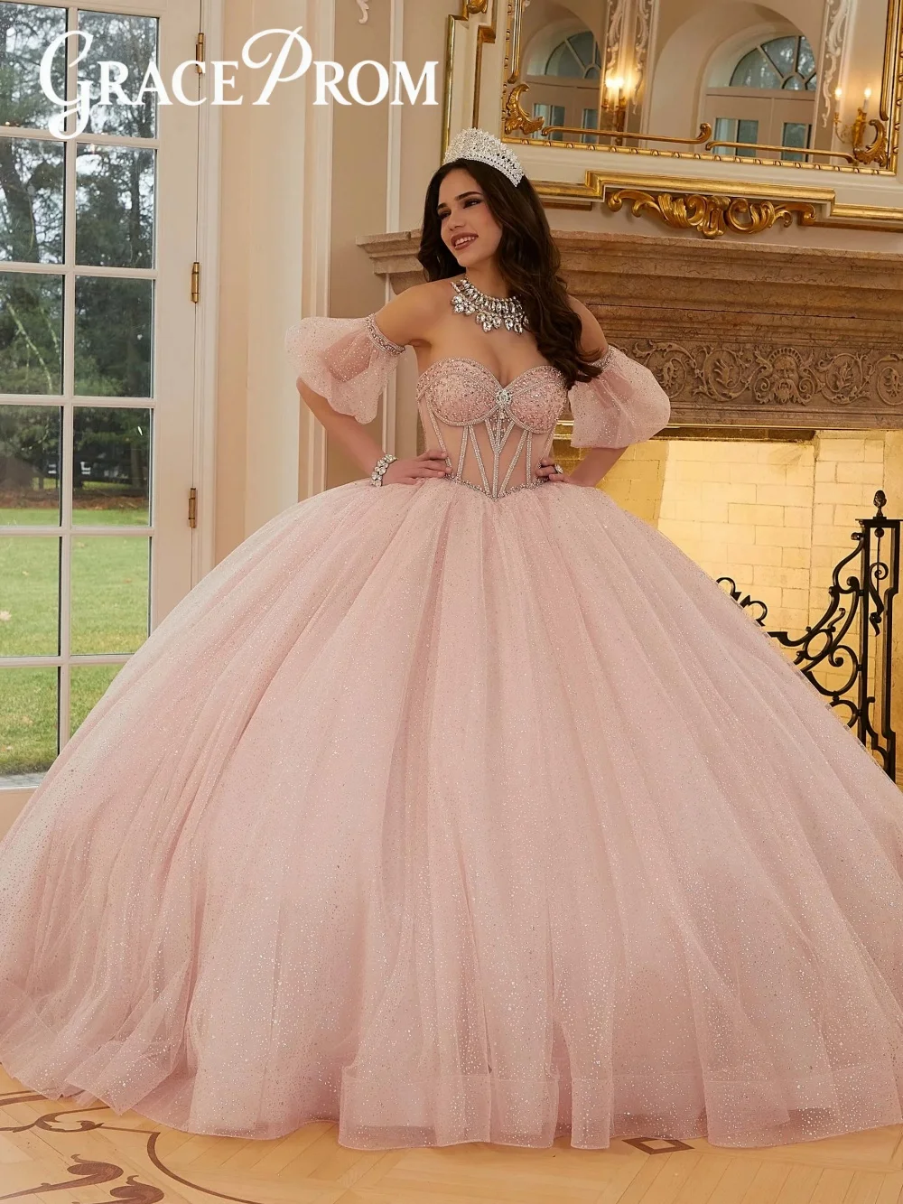 

Romantic Blush Pink Quinceanera Dress With Detachable Puff Sleeves Sheer Corset Bodice And Glitter Tulle Ball Gown For Sweet 16