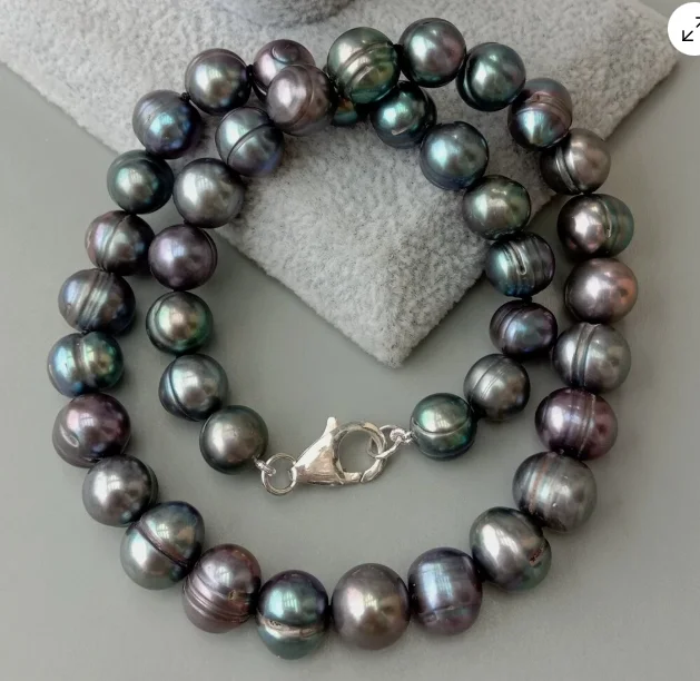 New 9-10mm PEACOCK BLACK ROUND Freshwater cultured PEARL NECKLACE 18inch