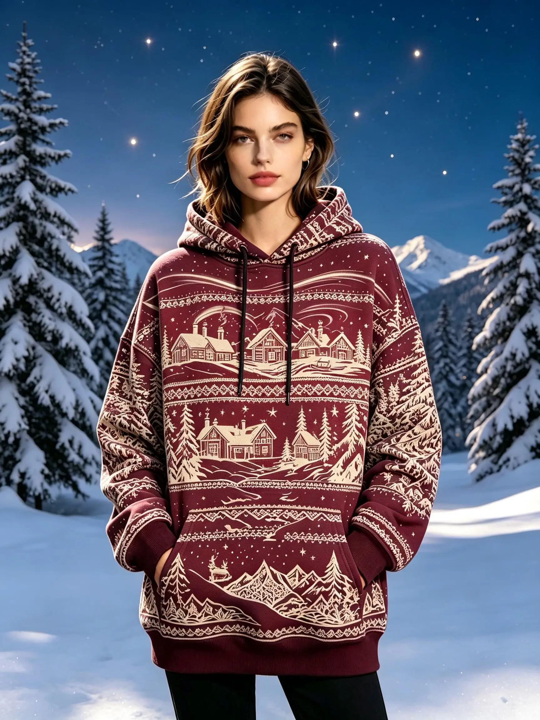 Women Fleece Hoodie Vintage Nordic Winter Pattern Print Oversized Hooded Sweatshirt Christmas Casual Pullover